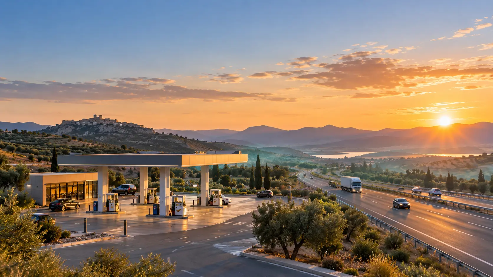 Impacto nacional de Aderco en España: autovía y gasolinera al atardecer