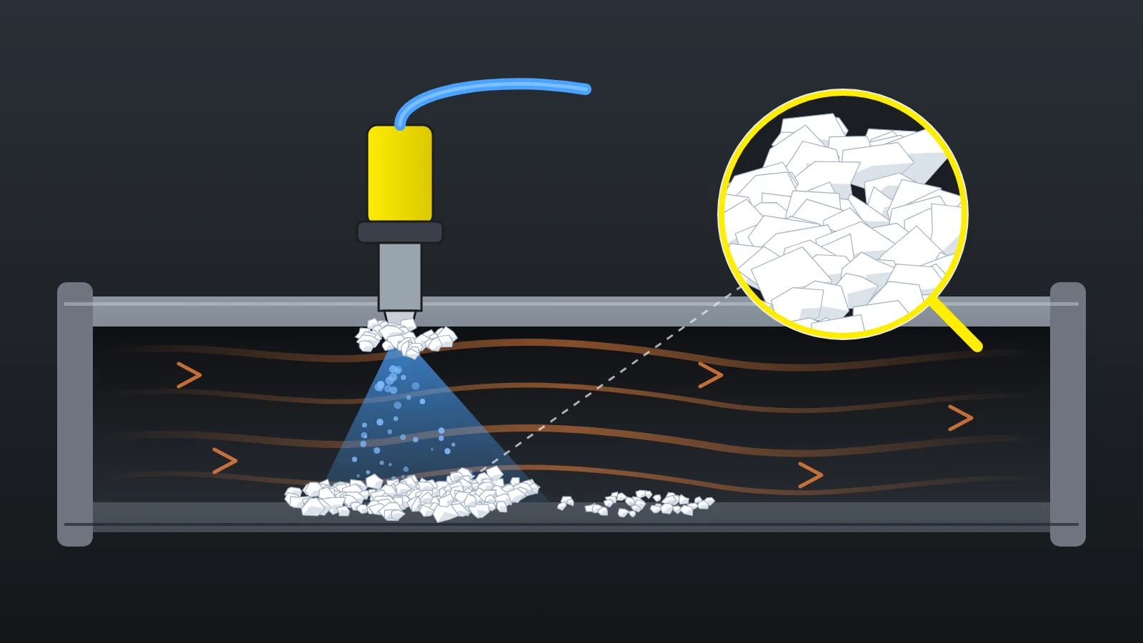 AdBlue cristalizado: ilustración de un inyector que pulveriza urea sobre el tubo de escape y de los cristales que se acumulan bajo el chorro