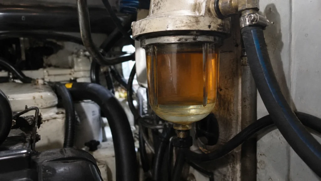 Agua en el depósito de gasoil del barco: vaso del filtro separador con una capa de agua en el fondo, en la sala de máquinas