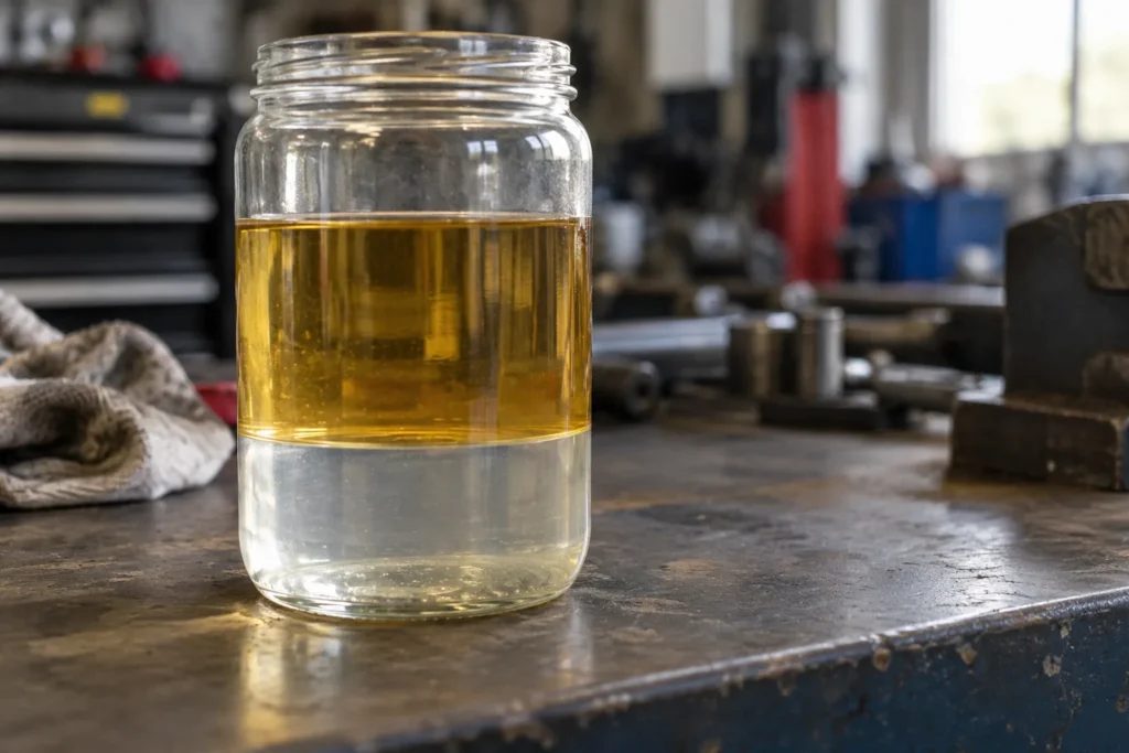 Agua en el gasoil: frasco de vidrio con gasóleo de color ámbar y una capa de agua clara decantada en el fondo, sobre un banco de taller