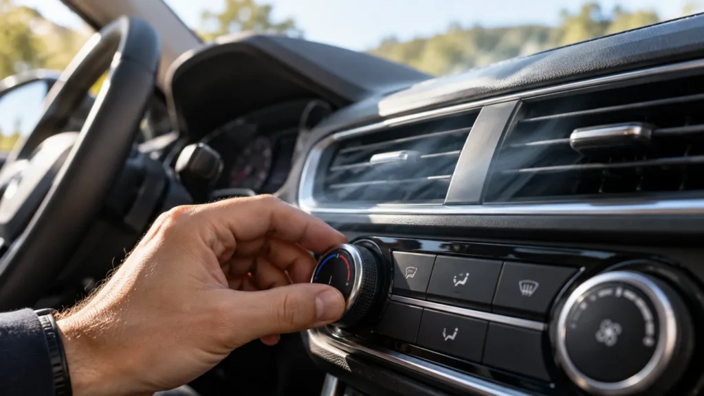 Mano ajustando el mando cuando el aire acondicionado del coche no enfría
