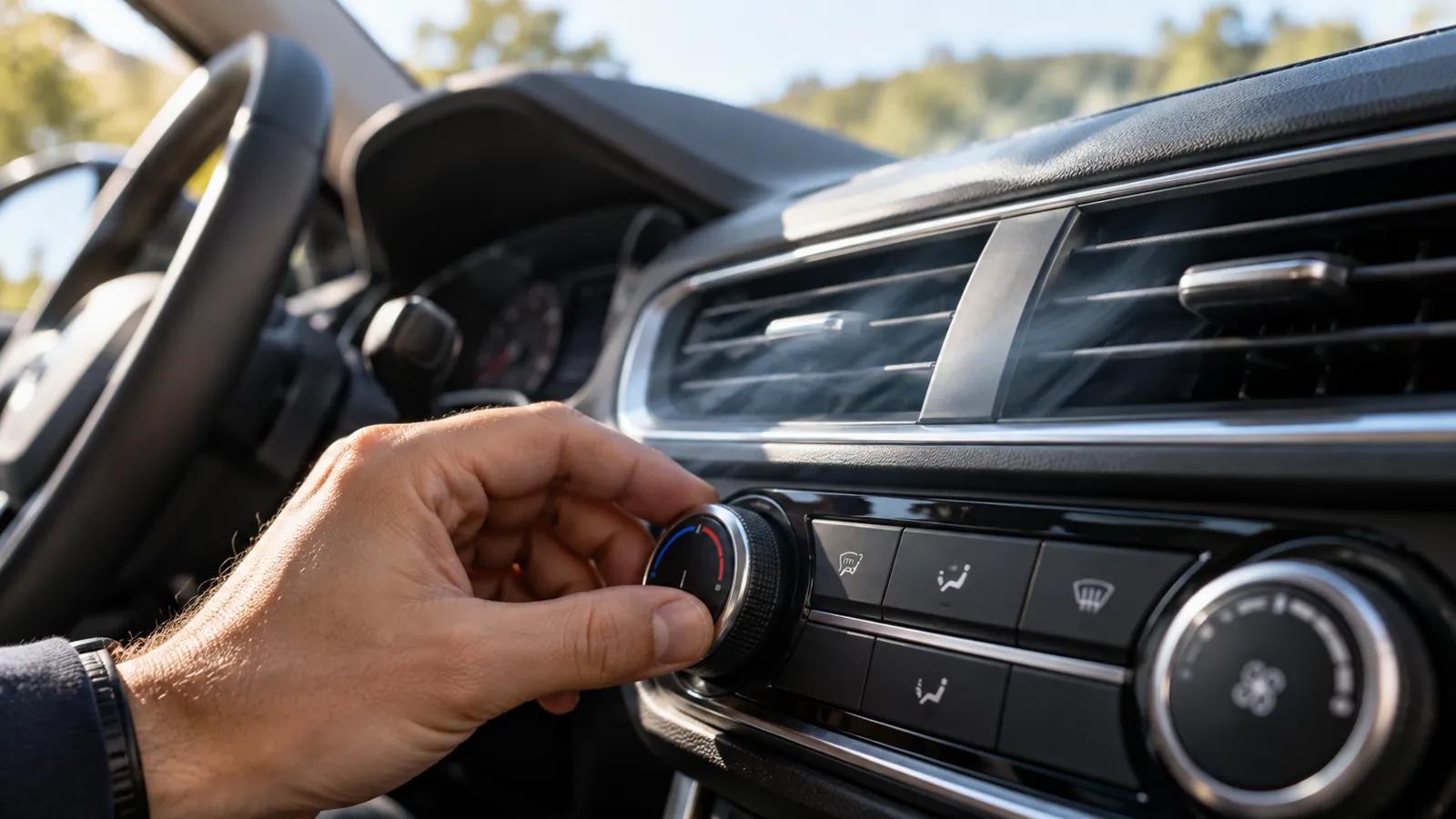Mano ajustando el mando cuando el aire acondicionado del coche no enfría