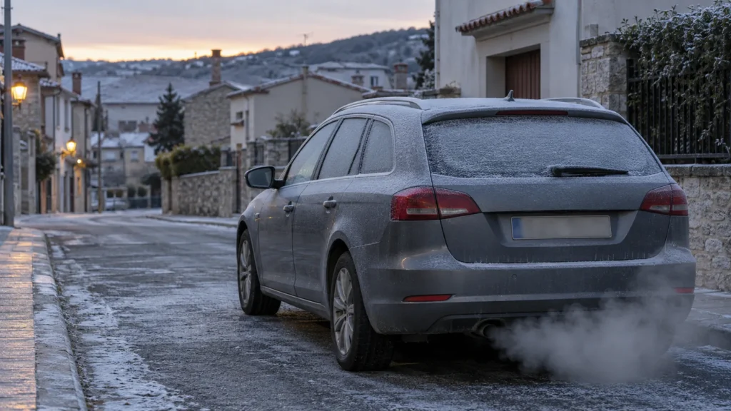 Arranque en frío diésel: coche cubierto de escarcha al amanecer con vaho blanco saliendo del tubo de escape