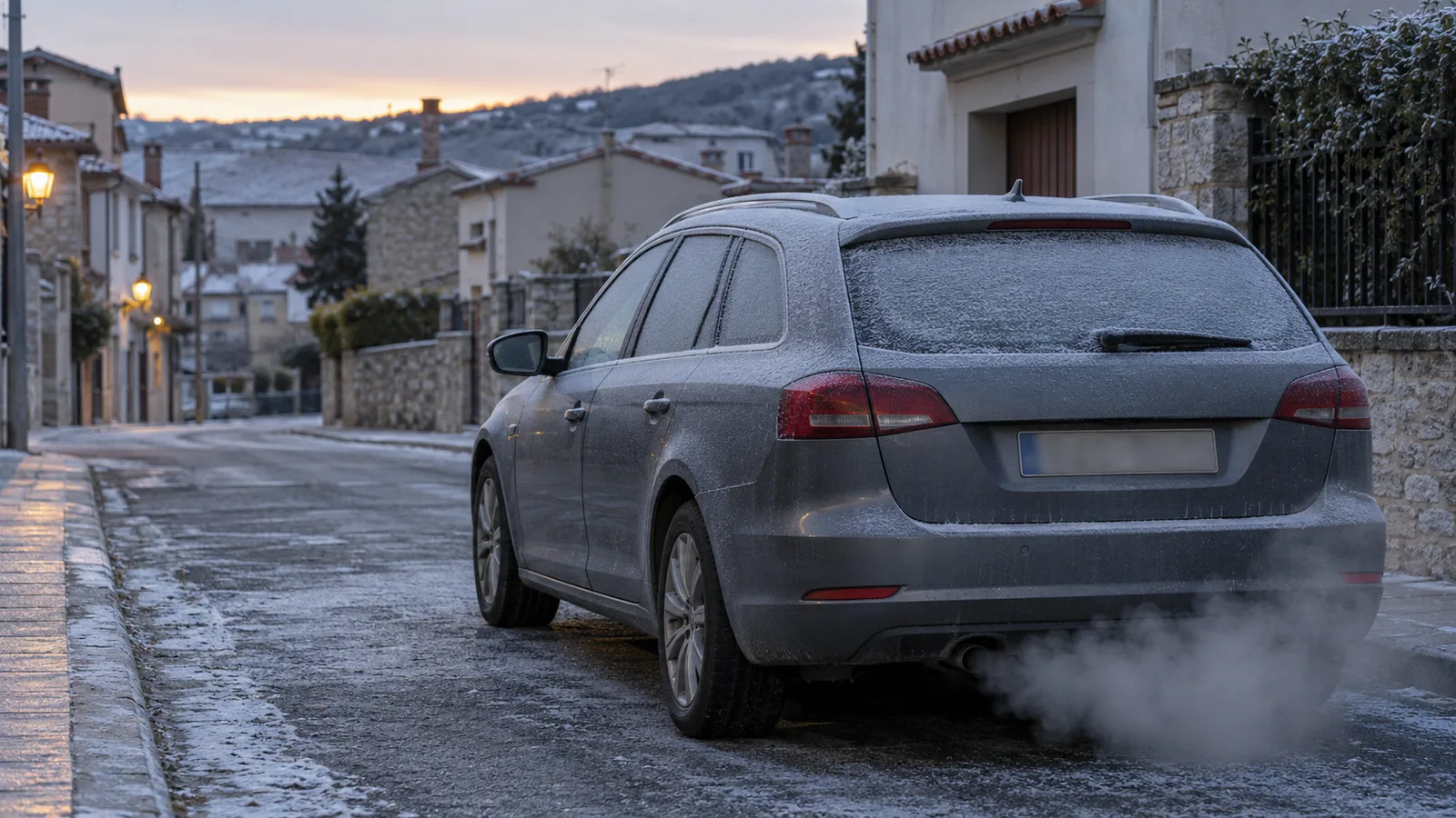 Arranque en frío diésel: coche cubierto de escarcha al amanecer con vaho blanco saliendo del tubo de escape