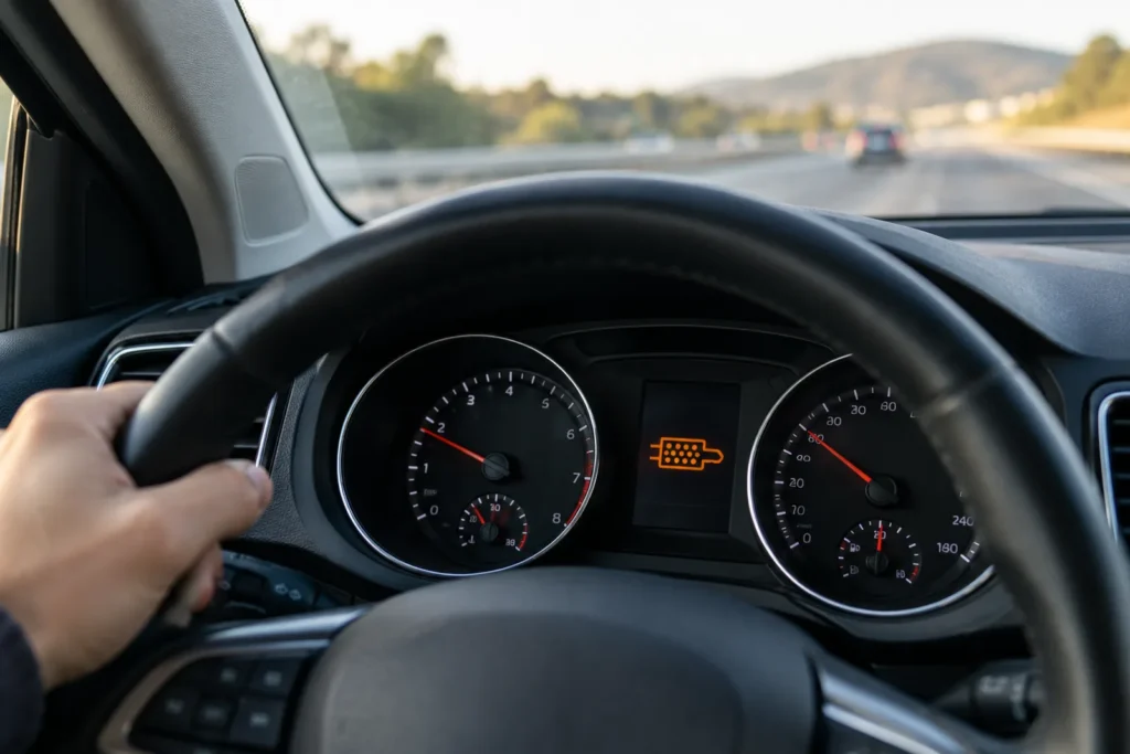 Testigo naranja del filtro de partículas encendido en el cuadro de un coche diésel al circular con el filtro de partículas averiado