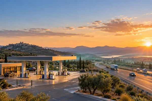 Impacto nacional de Aderco en España: autovía y gasolinera al atardecer