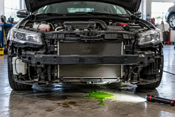 Fuga de refrigerante bajo un coche en el taller