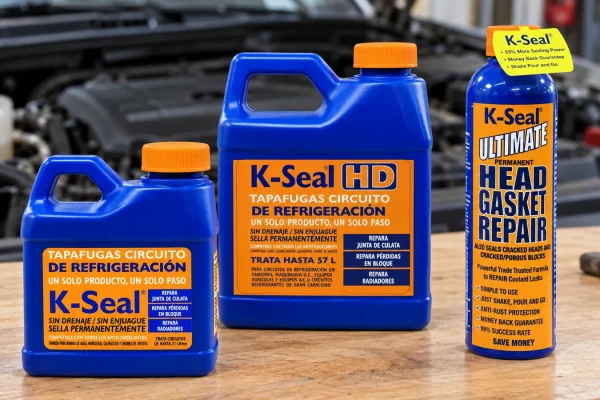 Para qué sirve K-Seal: los tres envases de la gama, K-Seal, K-Seal HD y K-Seal Ultimate, sobre un banco de taller