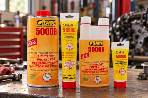 Para qué sirve el GML 5000G: gama de formatos de 1 L, 500 ml, 125 ml y 50 ml sobre un banco de taller