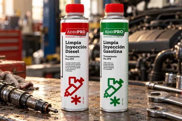 Para qué sirve el limpia inyectores: botes ADD Limpia Inyección Diésel y Gasolina sobre un banco de taller junto a un inyector
