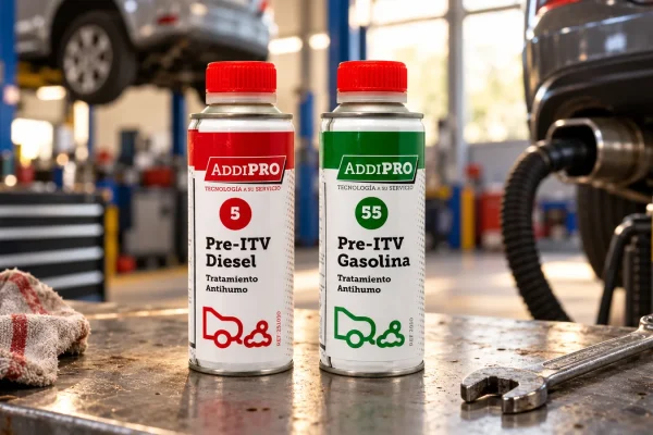 Para qué sirve el Pre ITV: botes ADD Pre ITV Diésel y Gasolina sobre un banco de taller junto a una máquina de medir humos