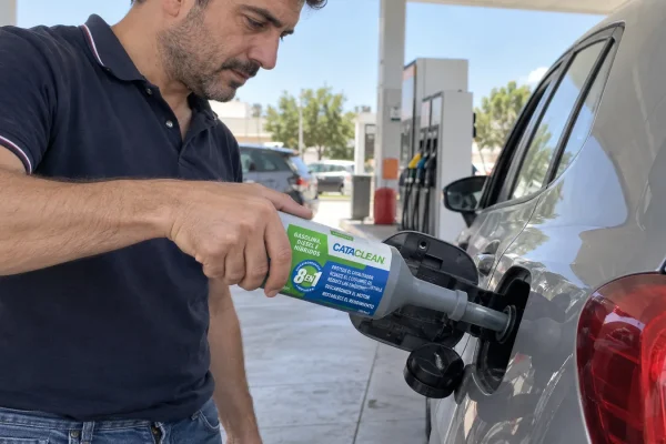 Para qué sirve Cataclean: conductor añadiendo Cataclean 8 en 1 al depósito de su coche en una gasolinera