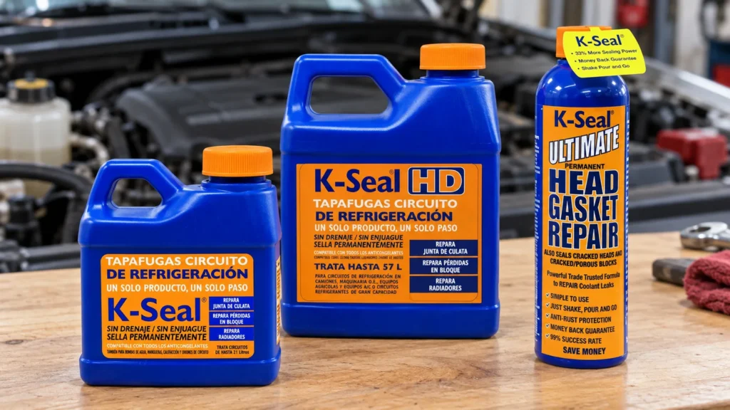 Para qué sirve K-Seal: los tres envases de la gama, K-Seal, K-Seal HD y K-Seal Ultimate, sobre un banco de taller