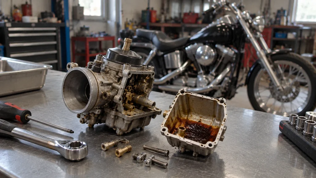 Gasolina vieja en el depósito: carburador de moto desmontado con residuo marrón en la cuba, en un taller ordenado