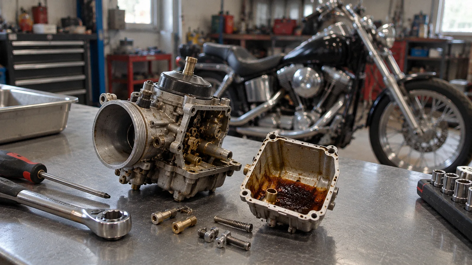 Gasolina vieja en el depósito: carburador de moto desmontado con residuo marrón en la cuba, en un taller ordenado
