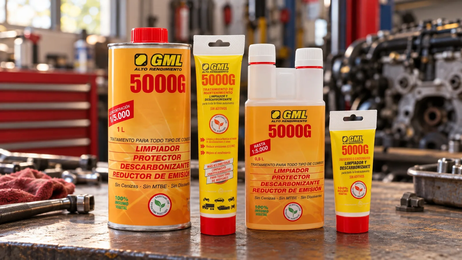 Para qué sirve el GML 5000G: gama de formatos de 1 L, 500 ml, 125 ml y 50 ml sobre un banco de taller