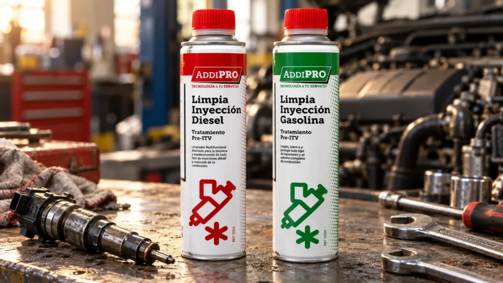 Para qué sirve el limpia inyectores: botes ADD Limpia Inyección Diésel y Gasolina sobre un banco de taller junto a un inyector