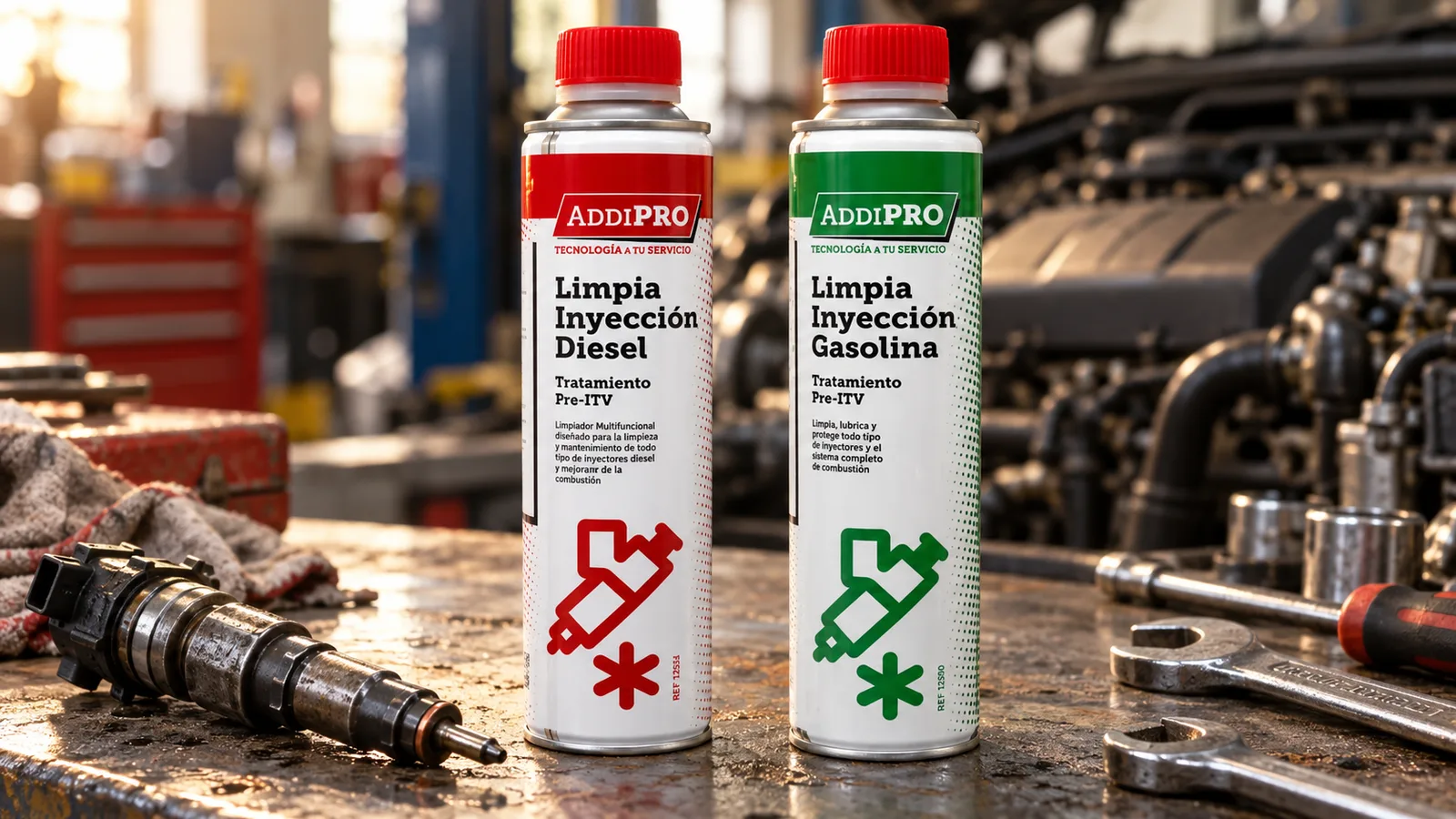 Para qué sirve el limpia inyectores: botes ADD Limpia Inyección Diésel y Gasolina sobre un banco de taller junto a un inyector