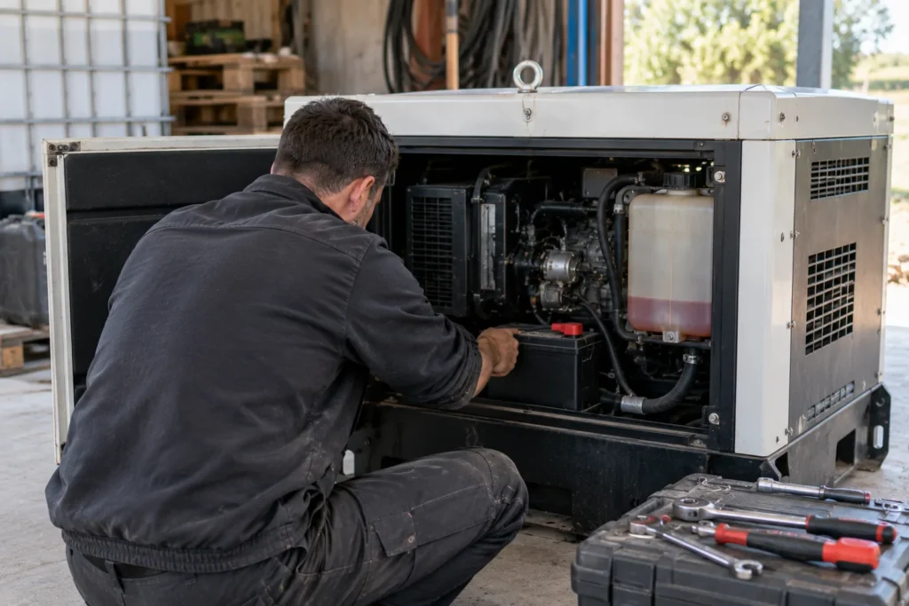 Técnico revisando la batería de un grupo electrógeno que no arranca después de estar parado