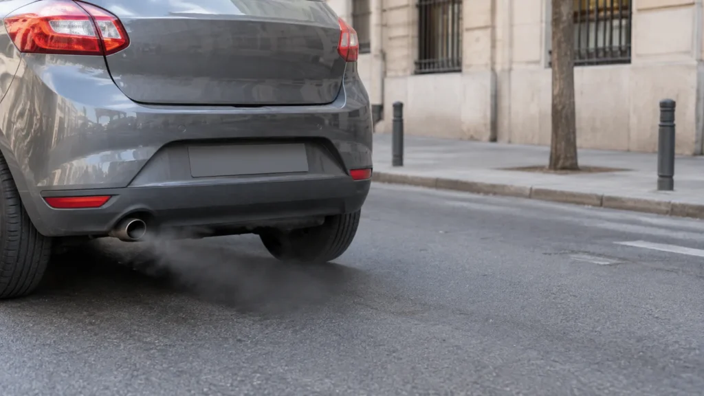 Humo negro diésel saliendo del tubo de escape de un coche en una calle