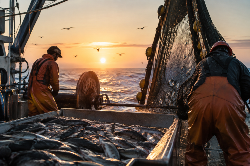 Pescadores recogiendo la red con la captura a bordo de un barco de pesca profesional al atardecer