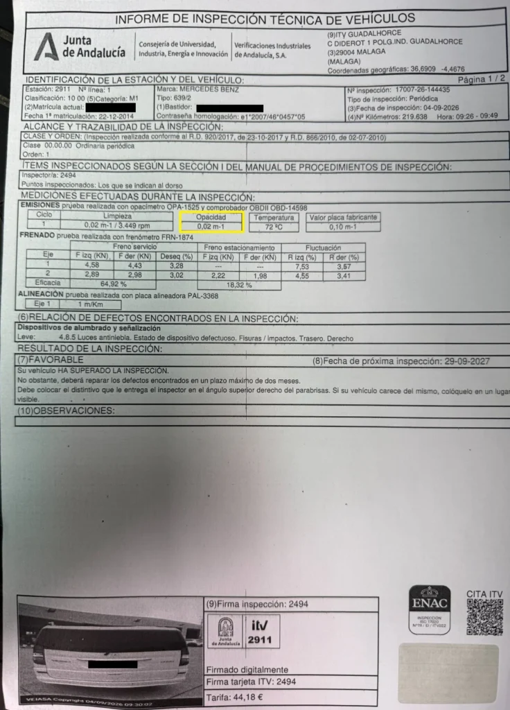 Informe de la ITV de una Mercedes-Benz Viano diésel con opacidad en la ITV de 0,02 m⁻¹ y resultado favorable
