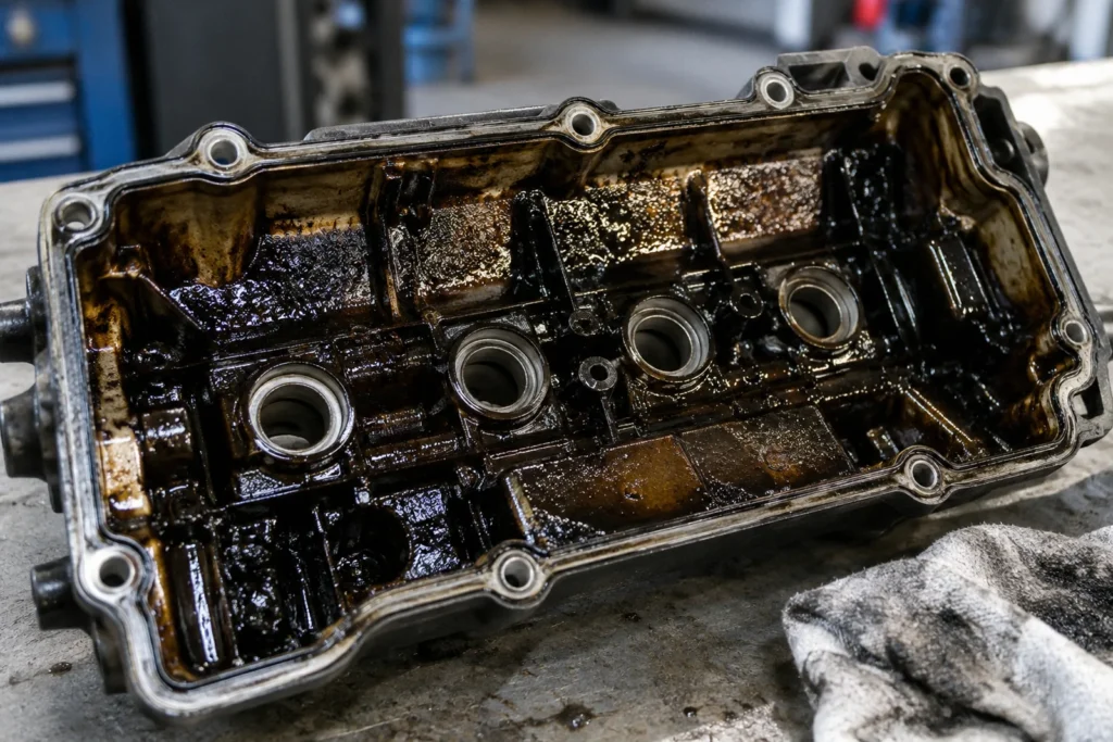 Limpiador interno de motor: tapa de balancines con depósitos de lodo de aceite sobre un banco de taller