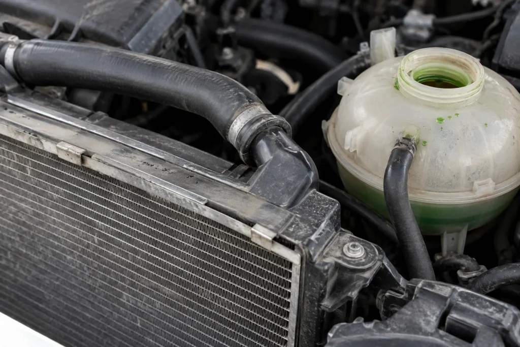 Limpiar el radiador del coche: radiador y vaso de expansión con refrigerante verde en el compartimento del motor