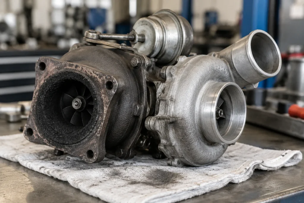 Limpiar el turbo diésel: turbocompresor de geometría variable con carbonilla en la entrada de la turbina sobre un trapo de taller
