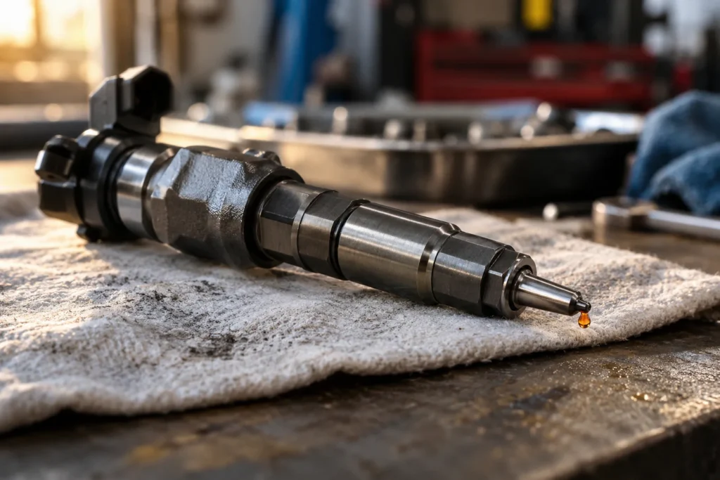 Lubricar inyectores diésel: inyector common rail metálico con una gota de aceite en la tobera sobre un trapo de taller