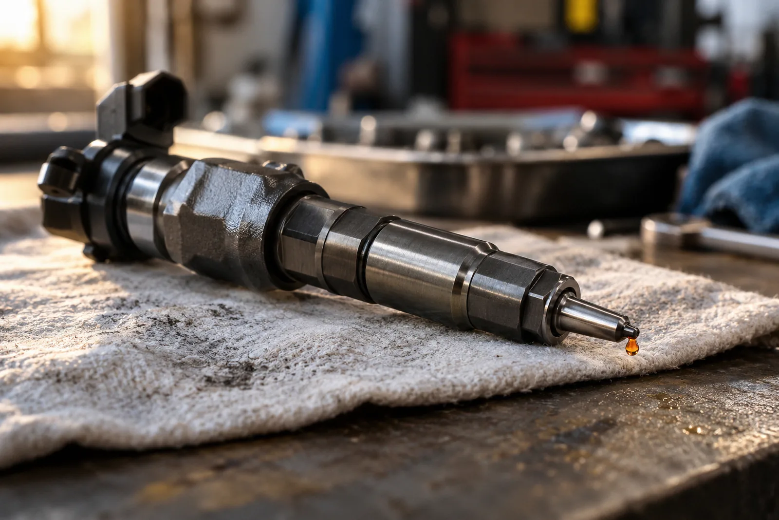 Lubricar inyectores diésel: inyector common rail metálico con una gota de aceite en la tobera sobre un trapo de taller