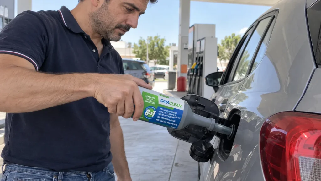 Para qué sirve Cataclean: conductor añadiendo Cataclean 8 en 1 al depósito de su coche en una gasolinera